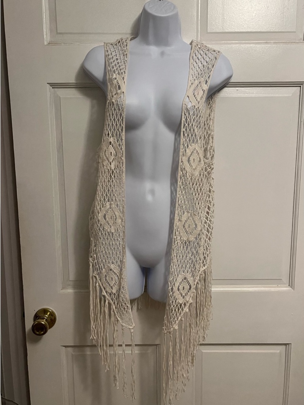 Open Crochet Fringe Vest - Cream Bohemian Layer